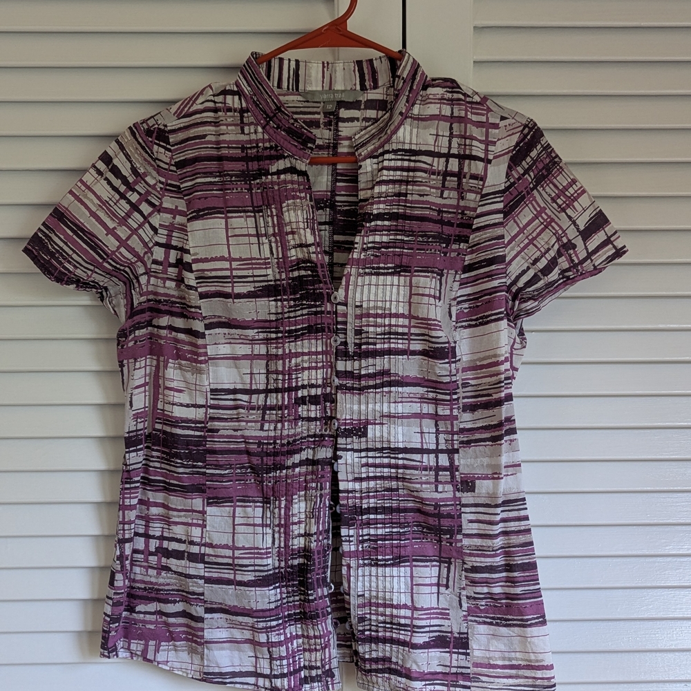 Yarra Trail Stylish Women's Button Down Shirt - Purple Pink White Plaid Size 12